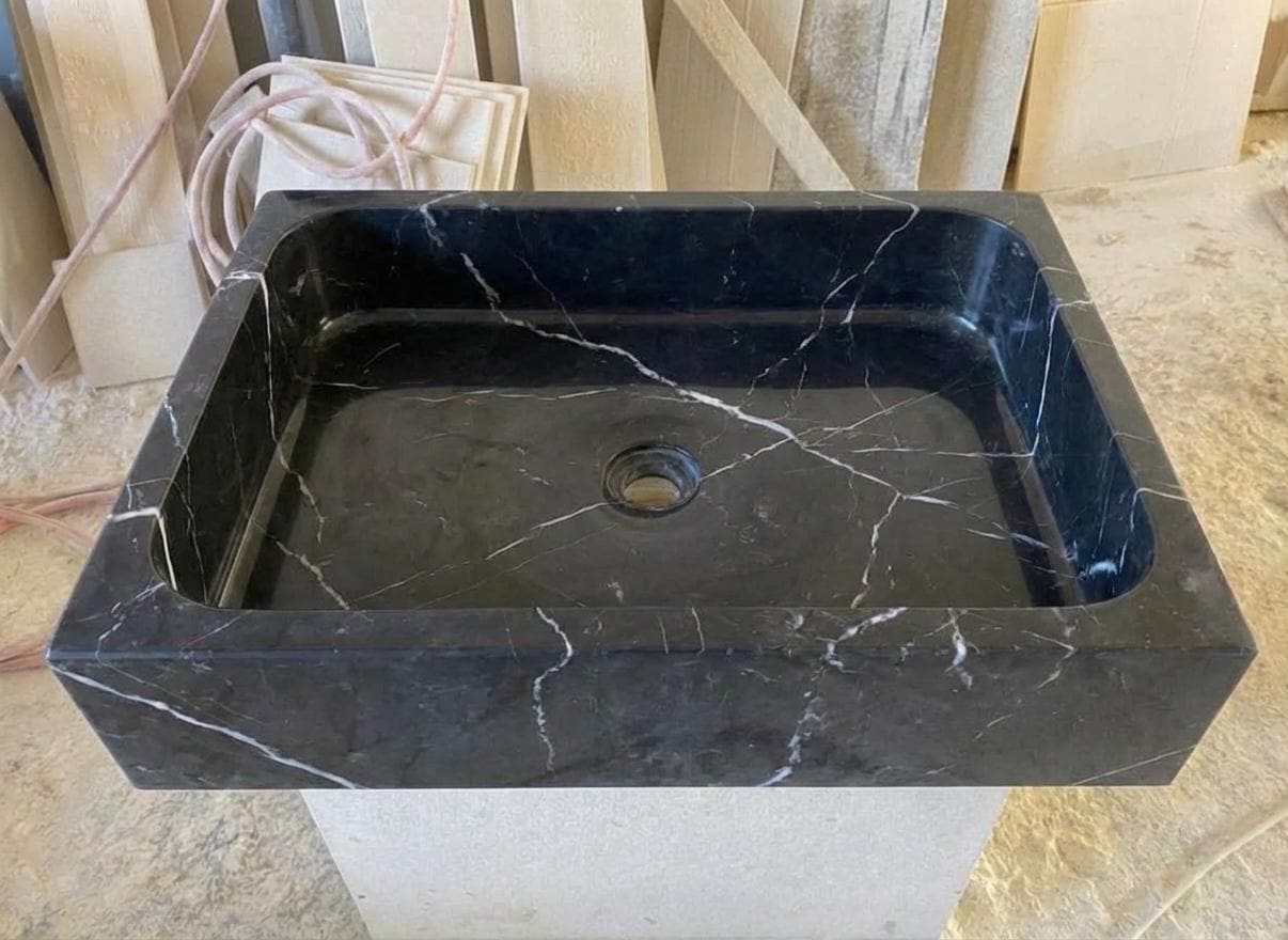 Handcarved Nero Marquina marble vessel sink by Marblyart, custom made to order — photo 10 of 13