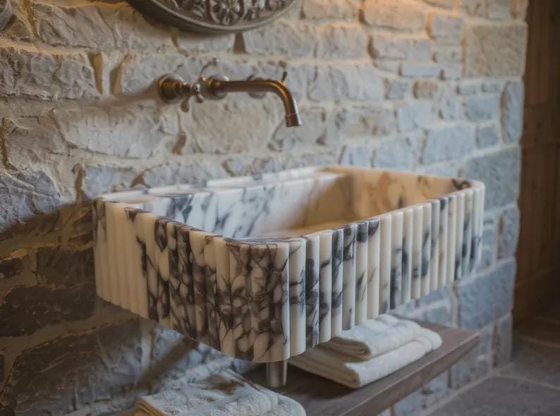 Handcarved Calacatta Viola marble custom size sink by Marblyart, made to order — photo 9 of 19