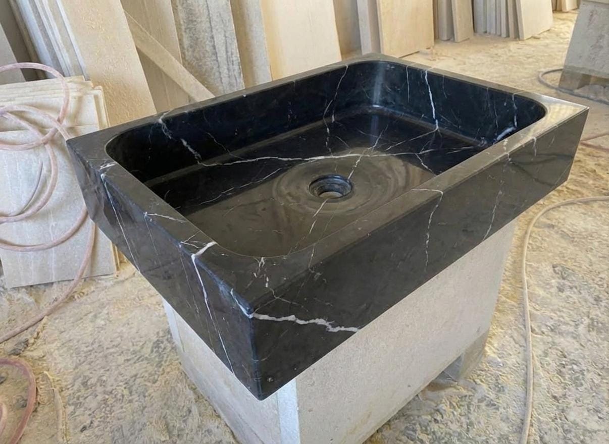 Handcarved Nero Marquina marble vessel sink by Marblyart, custom made to order — photo 5 of 13