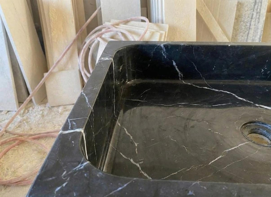 Handcarved Nero Marquina marble vessel sink by Marblyart, custom made to order — photo 2 of 13