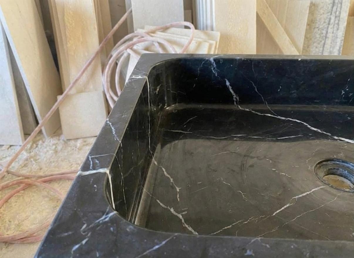 Handcarved Nero Marquina marble vessel sink by Marblyart, custom made to order — photo 2 of 13