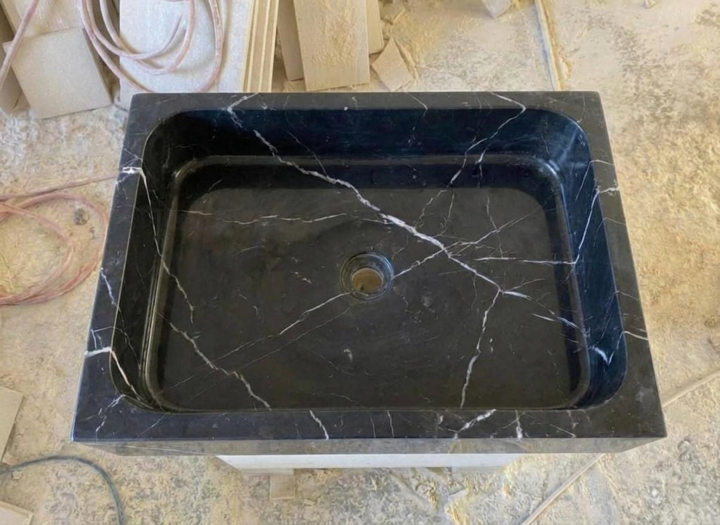 Handcarved Nero Marquina marble vessel sink by Marblyart, custom made to order — photo 4 of 13