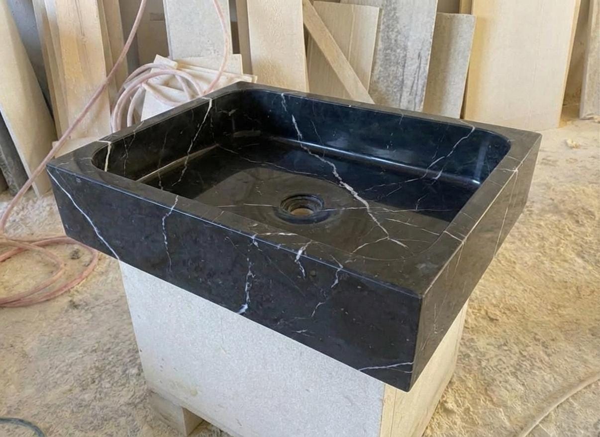 Handcarved Nero Marquina marble vessel sink by Marblyart, custom made to order — photo 8 of 13