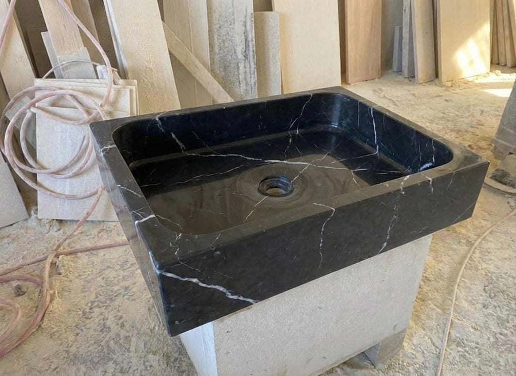 Handcarved Nero Marquina marble vessel sink by Marblyart, custom made to order — photo 11 of 13