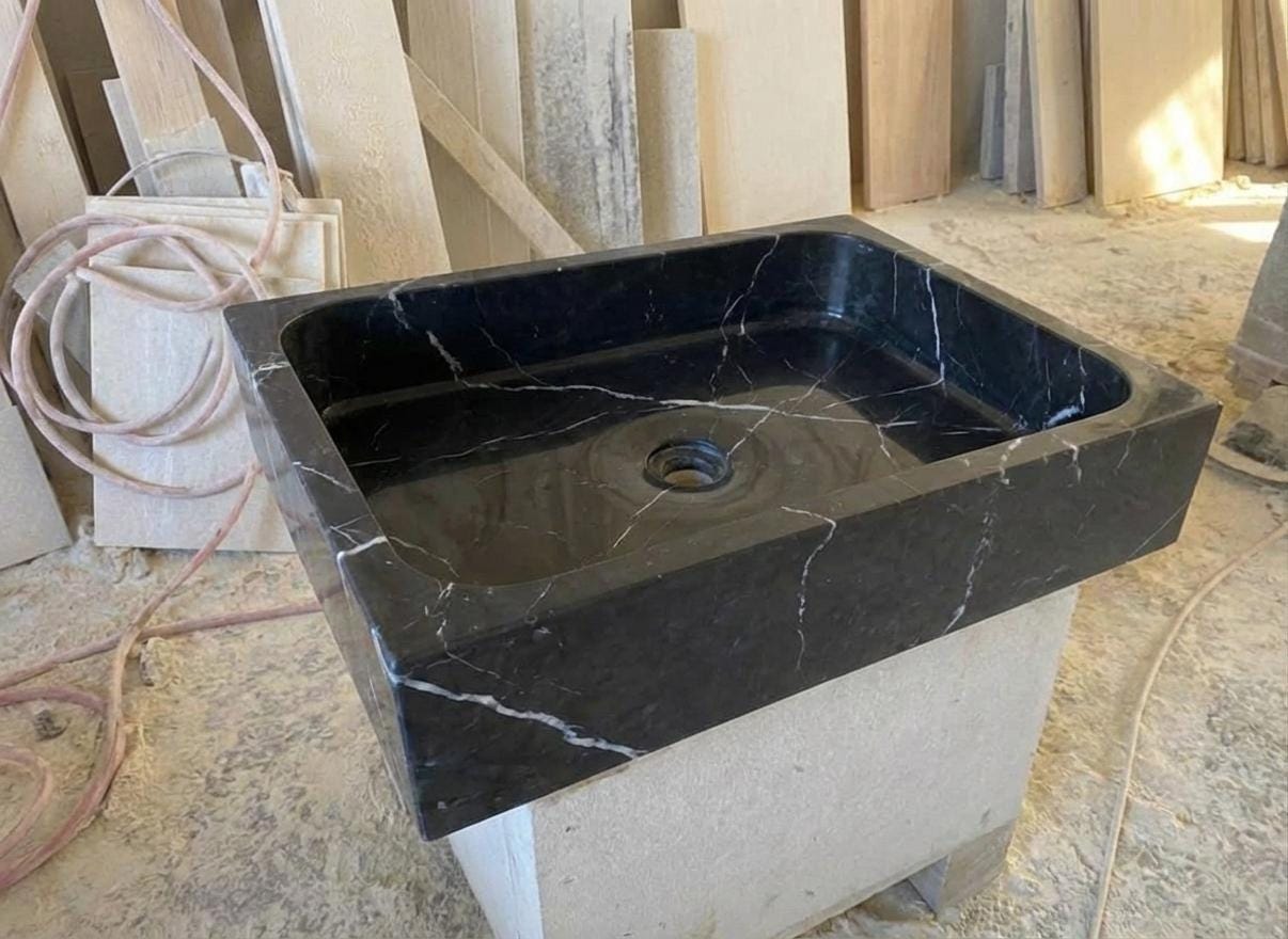 Handcarved Nero Marquina marble vessel sink by Marblyart, custom made to order — photo 11 of 13