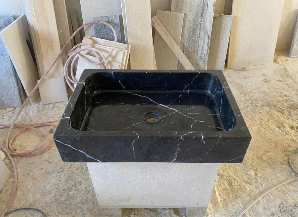 Handcarved Nero Marquina marble vessel sink by Marblyart, custom made to order — photo 12 of 13