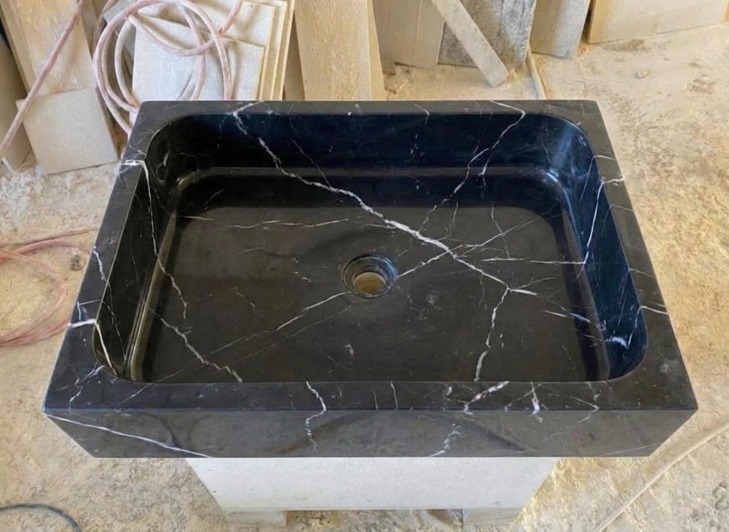 Handcarved Nero Marquina marble vessel sink by Marblyart, custom made to order — photo 13 of 13