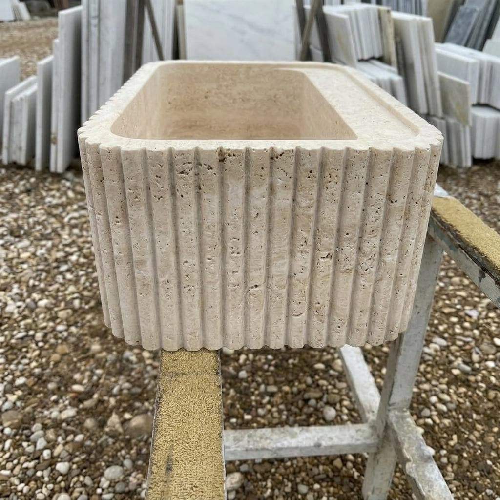 Handcarved beige travertine marble vessel sink by Marblyart, custom made to order — photo 10 of 13