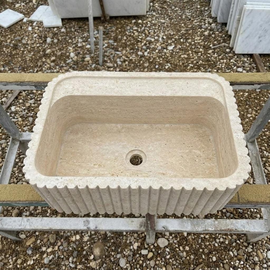 Handcarved beige travertine marble vessel sink by Marblyart, custom made to order — photo 6 of 13