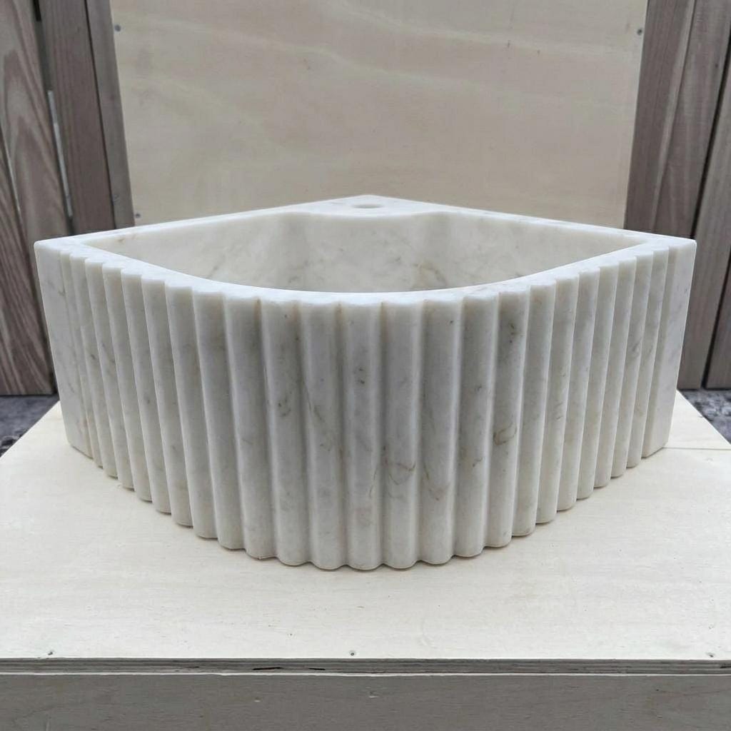 Handcarved Carrara marble fluted vessel sink by Marblyart, custom made to order — photo 3 of 13