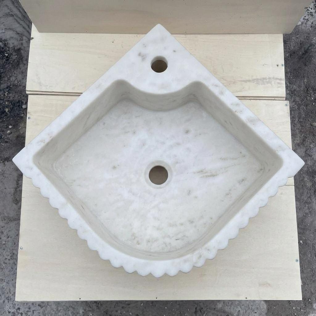 Handcarved Carrara marble fluted vessel sink by Marblyart, custom made to order — photo 5 of 13