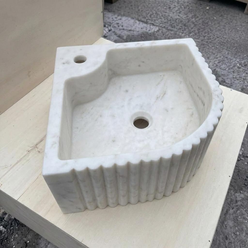 Handcarved Carrara marble fluted vessel sink by Marblyart, custom made to order — photo 6 of 13