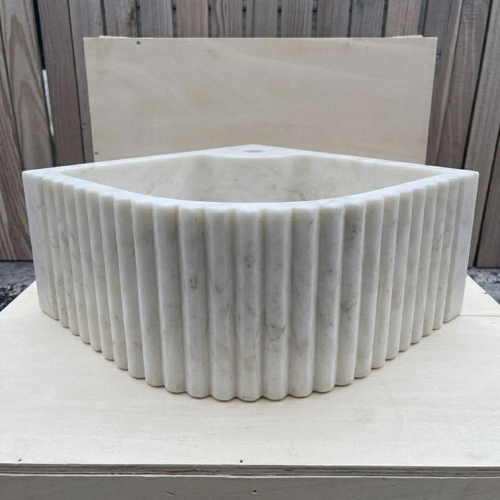 Handcarved Carrara marble fluted vessel sink by Marblyart, custom made to order — photo 9 of 13