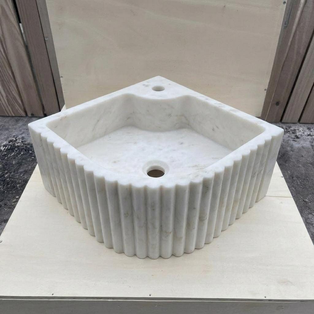 Handcarved Carrara marble fluted vessel sink by Marblyart, custom made to order — photo 11 of 13