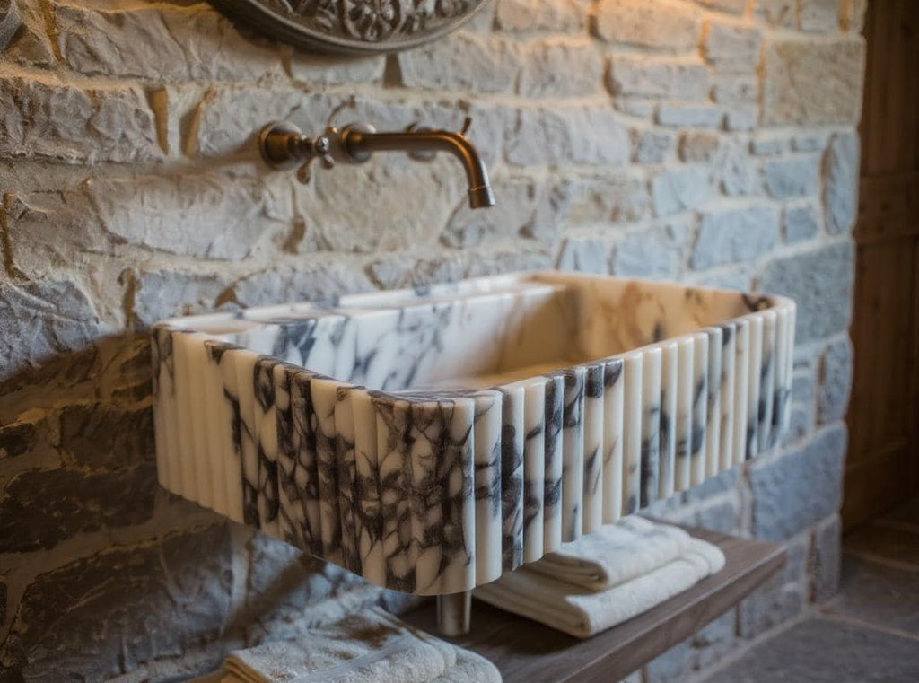 Handcarved Calacatta Viola marble wall mounted sink by Marblyart, custom made to order — photo 10 of 12