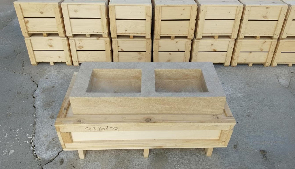 a wooden crate with two rectangular compartments, placed on a concrete floor. Behind the crate, there are several wooden crates stacked on top of each other.