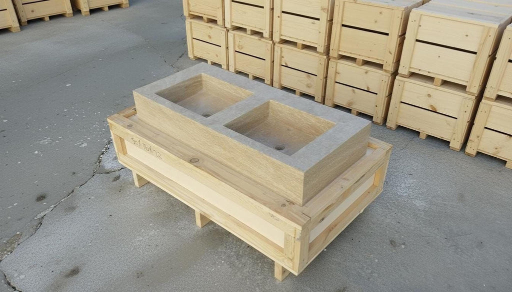 a wooden structure with two square basins, likely intended for use in a bathroom or other similar setting. The structure is placed on a wooden pallet, and there are several wooden crates stacked nearby.