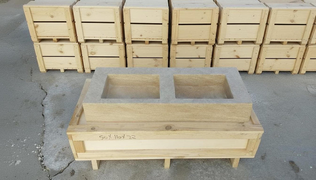 a wooden structure with two rectangular openings, likely intended for use in a kitchen or other similar setting. The structure is surrounded by several wooden crates and boxes, suggesting it may be a part of a larger construction or storage project.