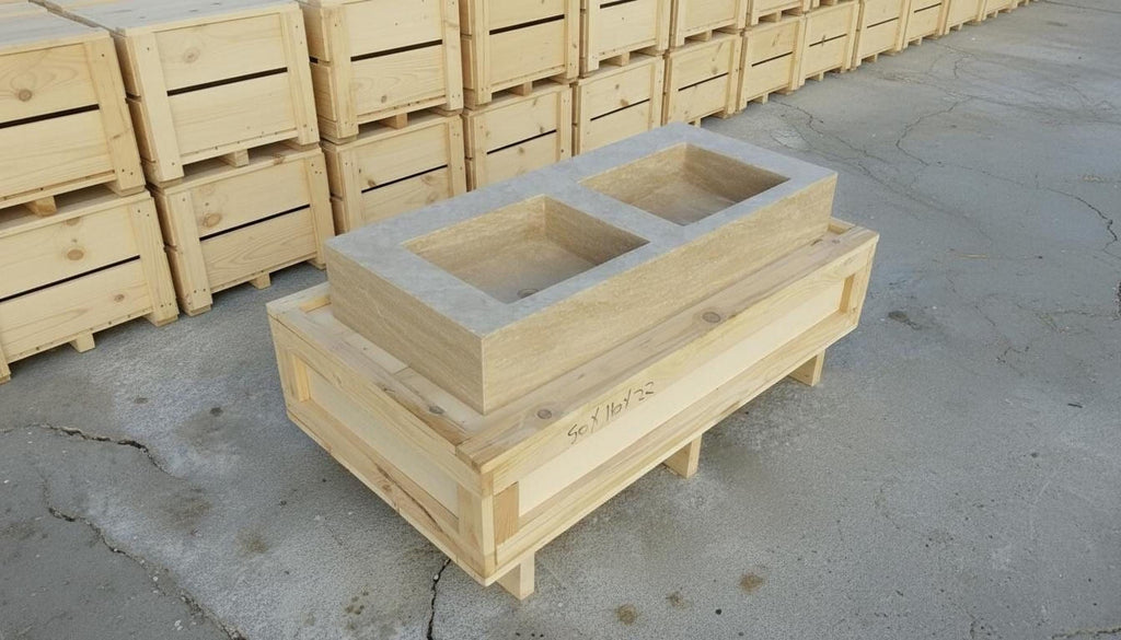 a wooden crate with two rectangular basins on top, sitting on a concrete floor. There are several wooden crates stacked in the background.