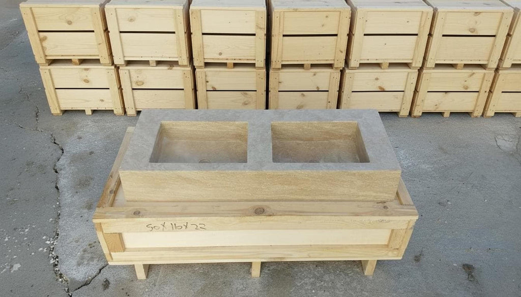 a wooden structure with two rectangular basins, surrounded by several wooden crates and boxes stacked on top of each other.