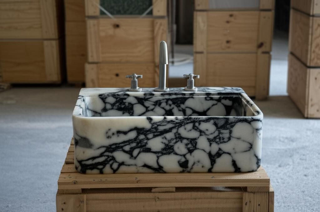 a marble-like sink with a black and white pattern, sitting on a wooden crate.