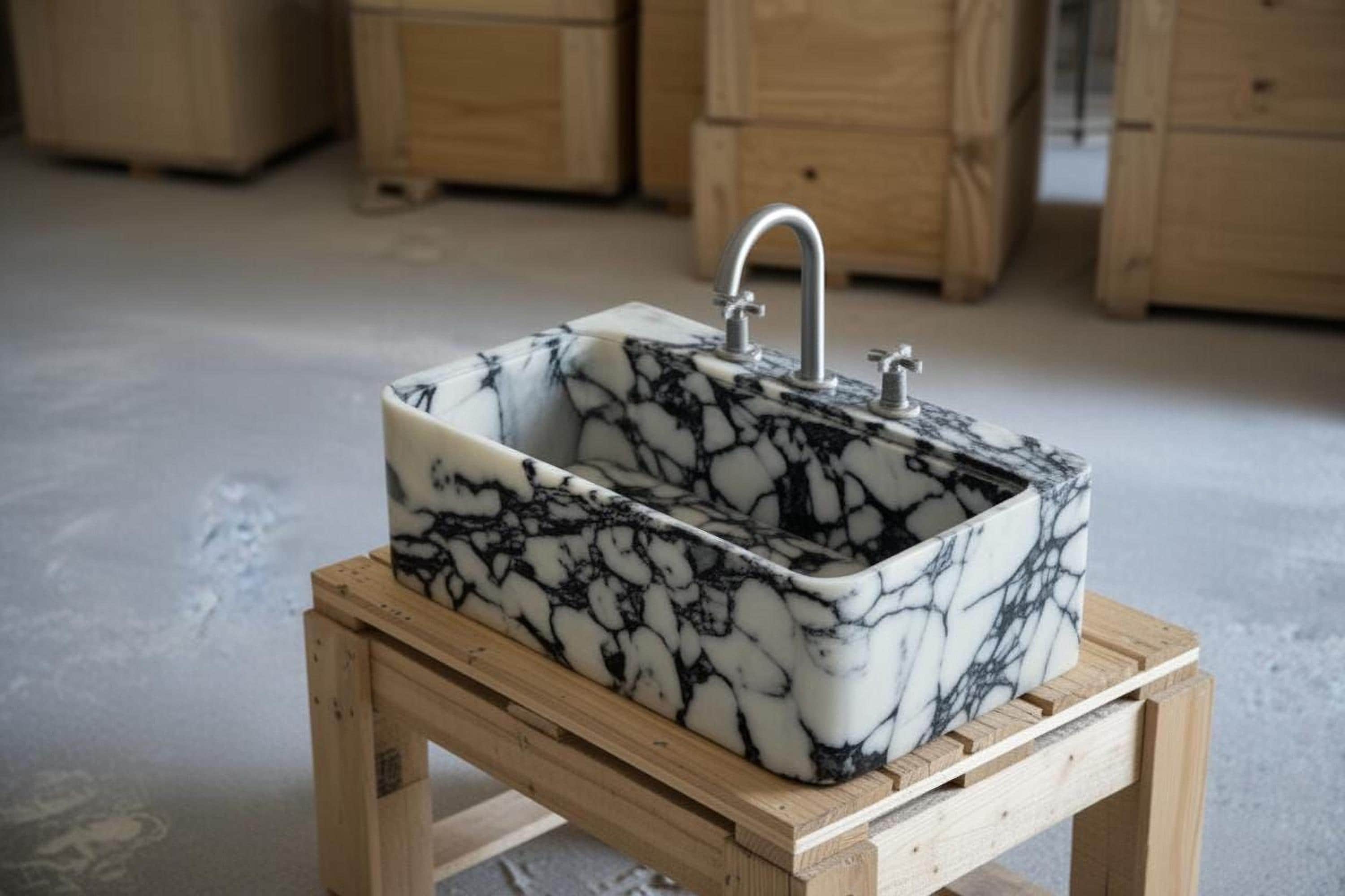a black and white marble sink with a silver faucet, placed on a wooden stand.