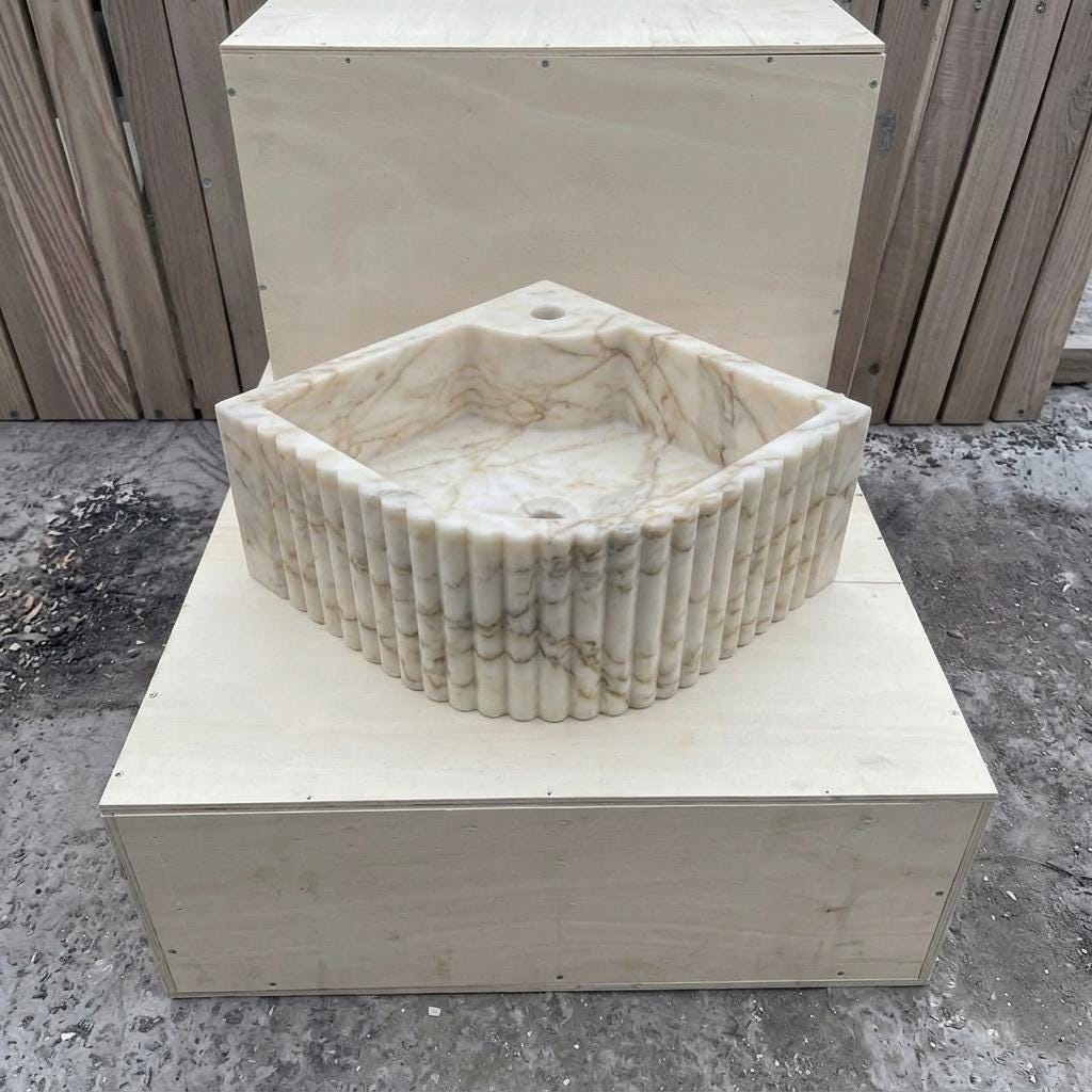 Calacatta Gold Marble fluted vessel sink — full wide shot (photo 14)