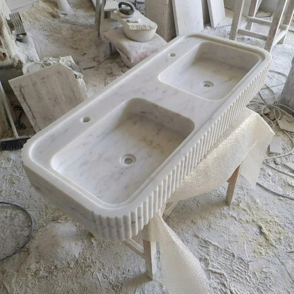 Carrara White Marble fluted vessel sink — high-angle view (photo 4)