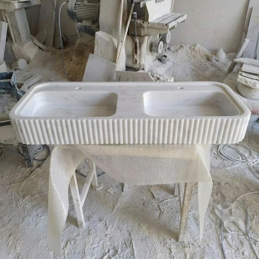 Carrara White Marble fluted vessel sink — front view (photo 5)