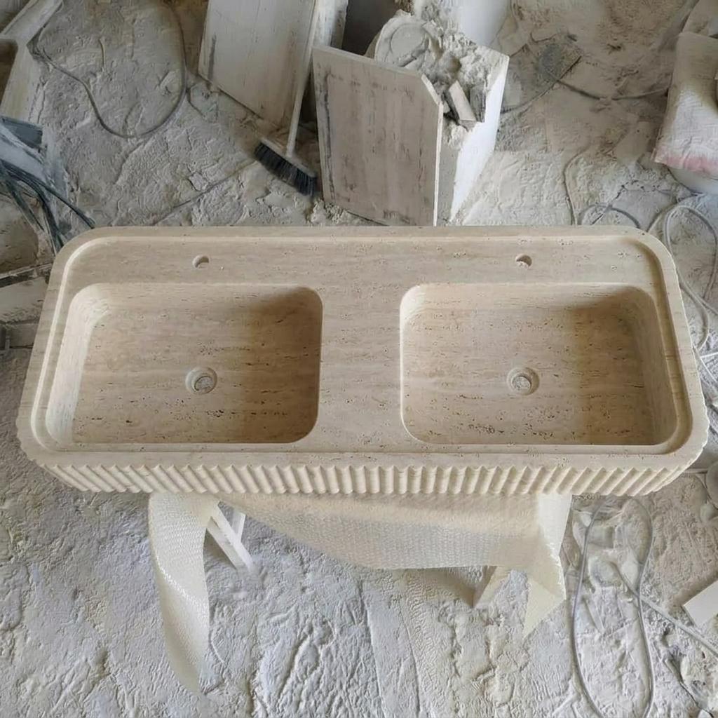 Beige Travertine fluted vessel sink — top-down view (photo 2)