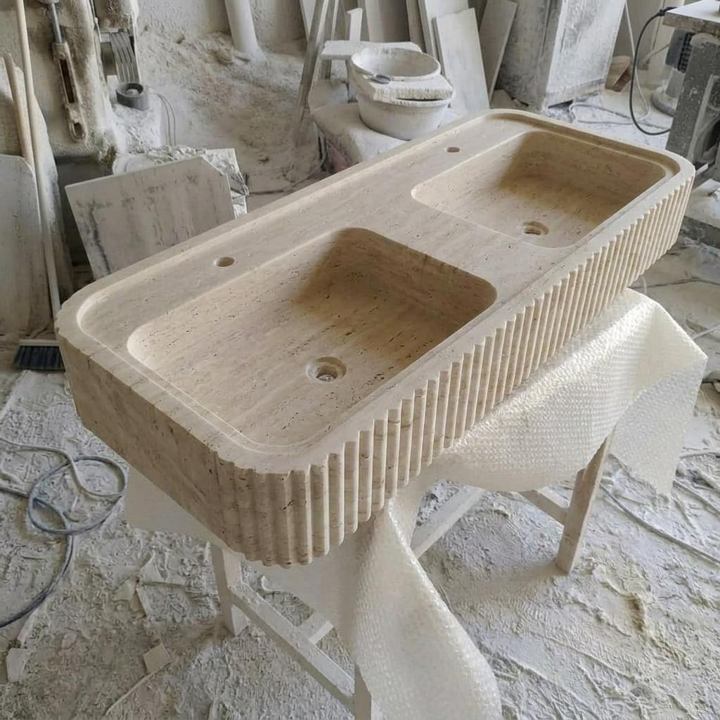 Beige Travertine fluted vessel sink — isometric three-quarter view (photo 3)