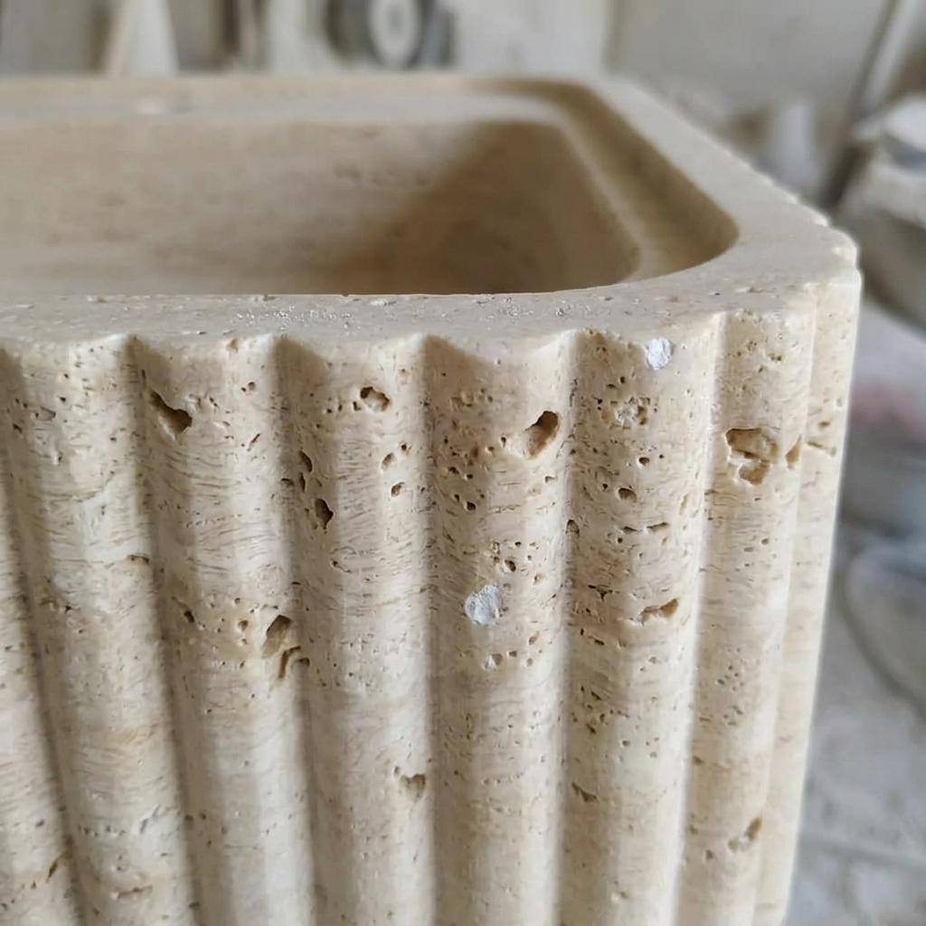 Beige Travertine fluted vessel sink — close-up of marble veining (photo 8)