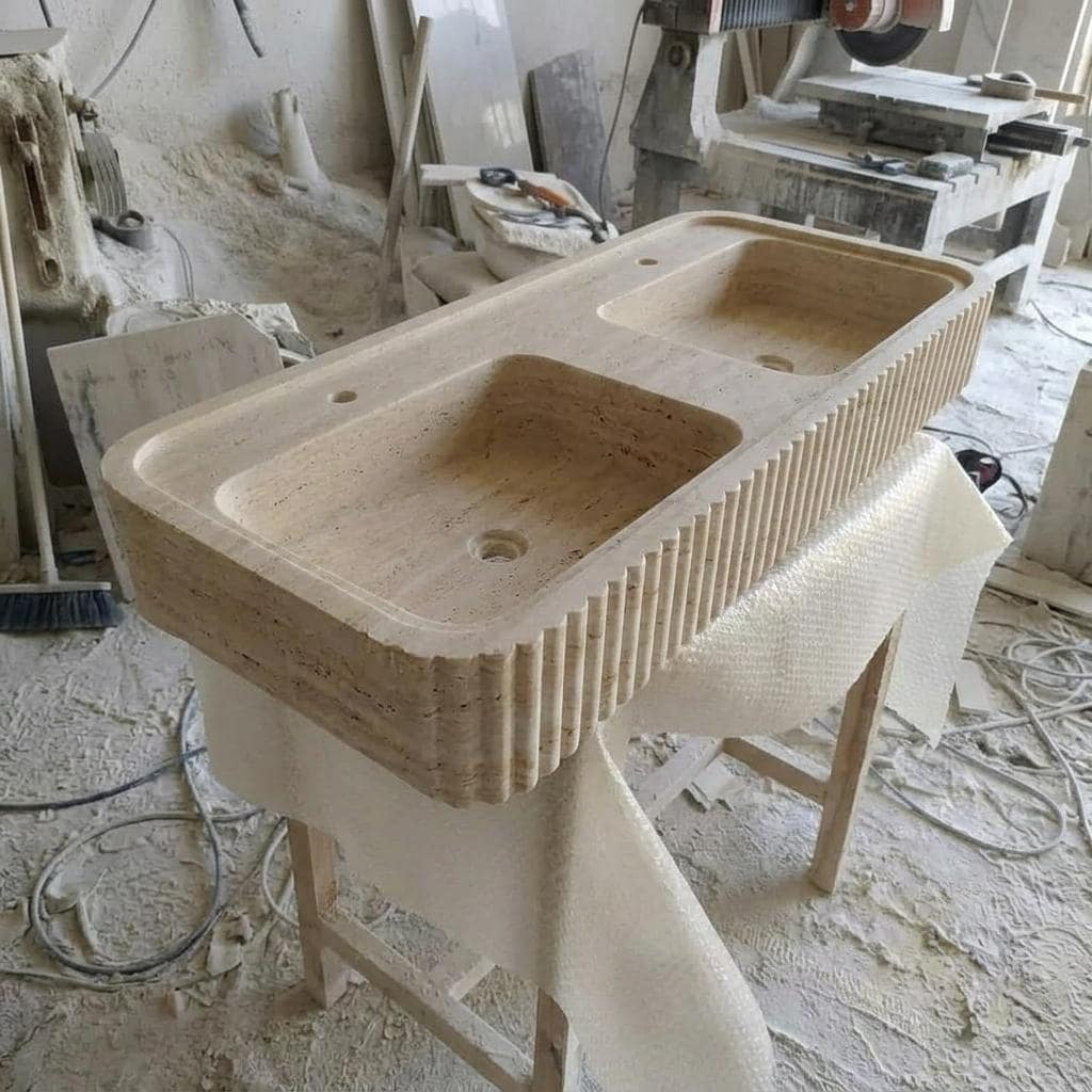 Beige Travertine fluted vessel sink — product photograph (photo 9)
