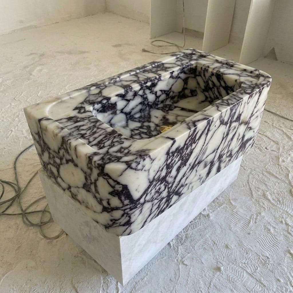 Calacatta Viola Marble square vessel sink — isometric three-quarter view (photo 3)