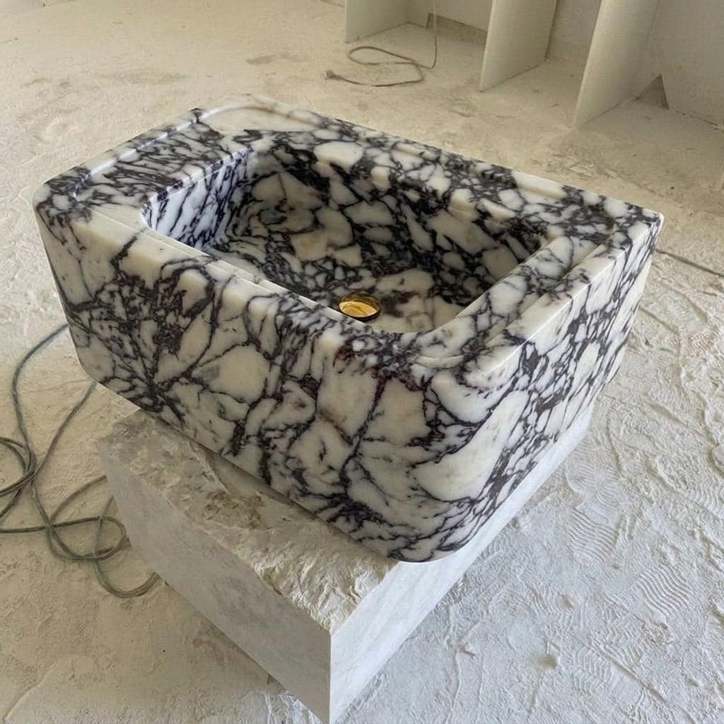 Calacatta Viola Marble square vessel sink — high-angle view (photo 5)