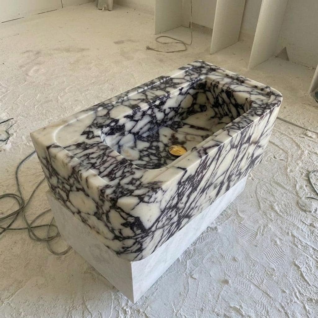 Calacatta Viola Marble square vessel sink — full wide shot (photo 9)