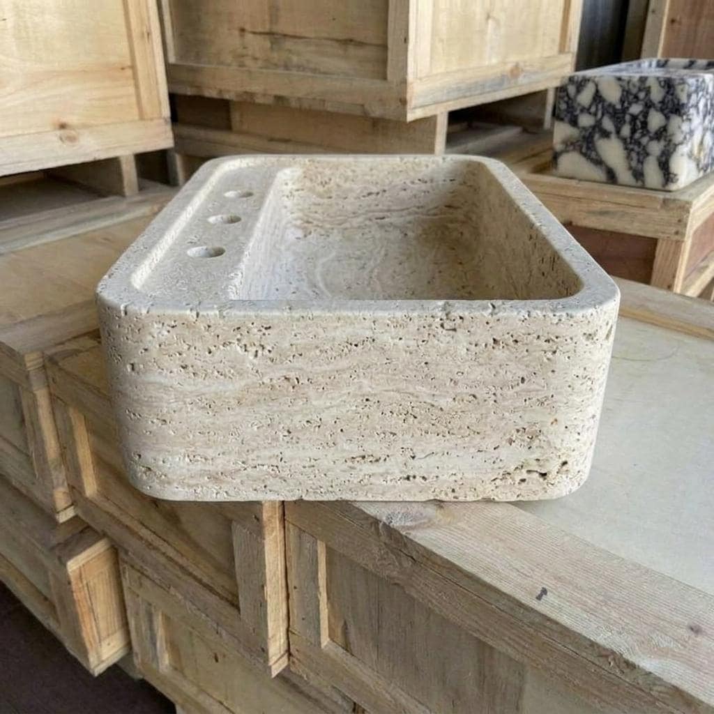 Beige Travertine square vessel sink — left side view (photo 2)