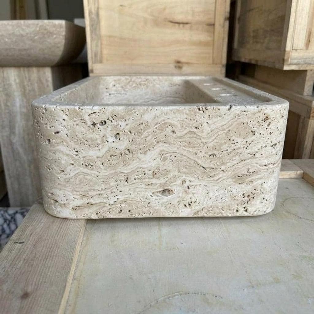 Beige Travertine square vessel sink — right side view (photo 3)