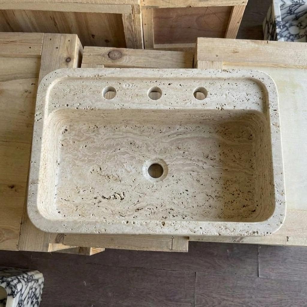 Beige Travertine square vessel sink — top-down view (photo 4)