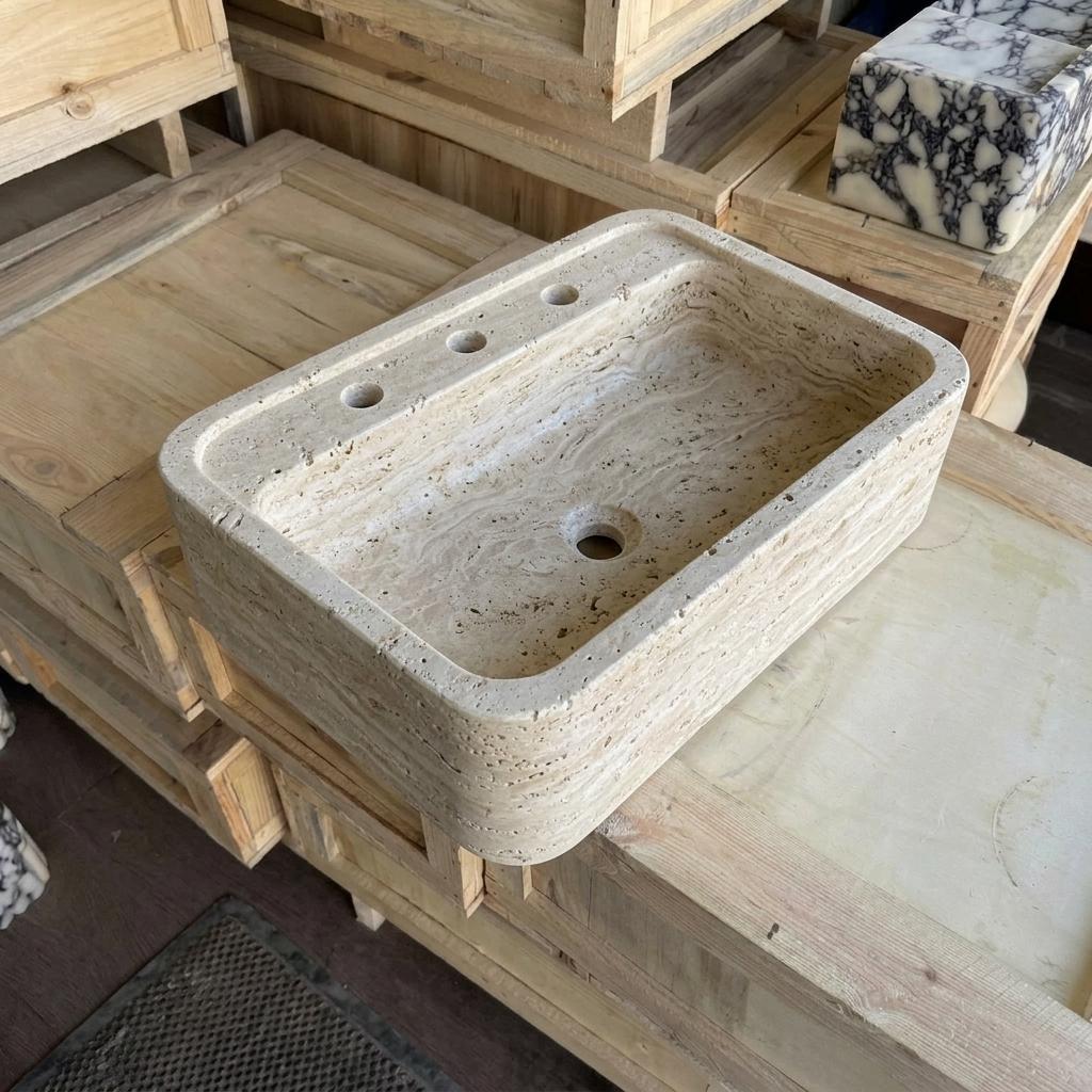 Beige Travertine square vessel sink — isometric three-quarter view (photo 5)