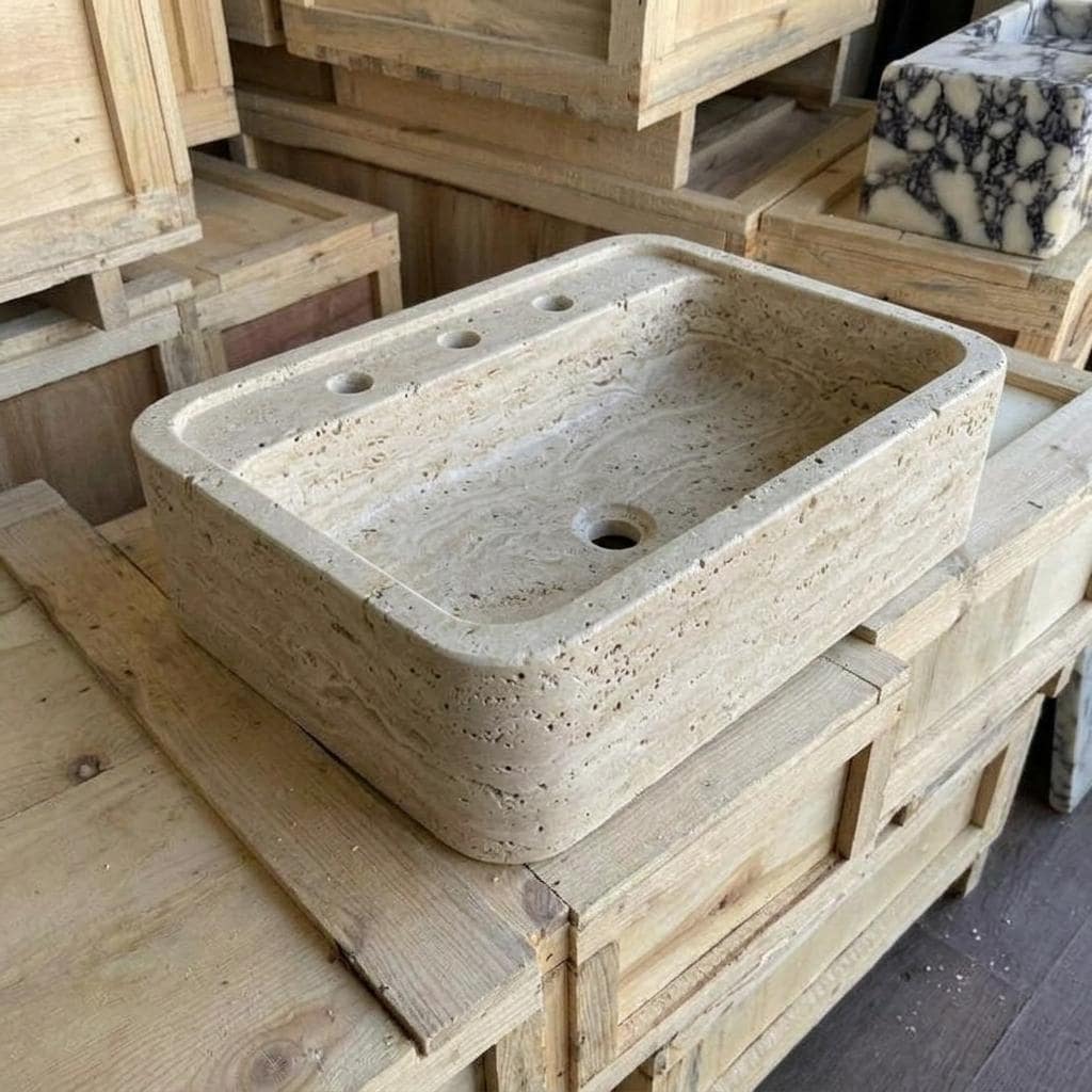 Beige Travertine square vessel sink — isometric three-quarter view (photo 6)