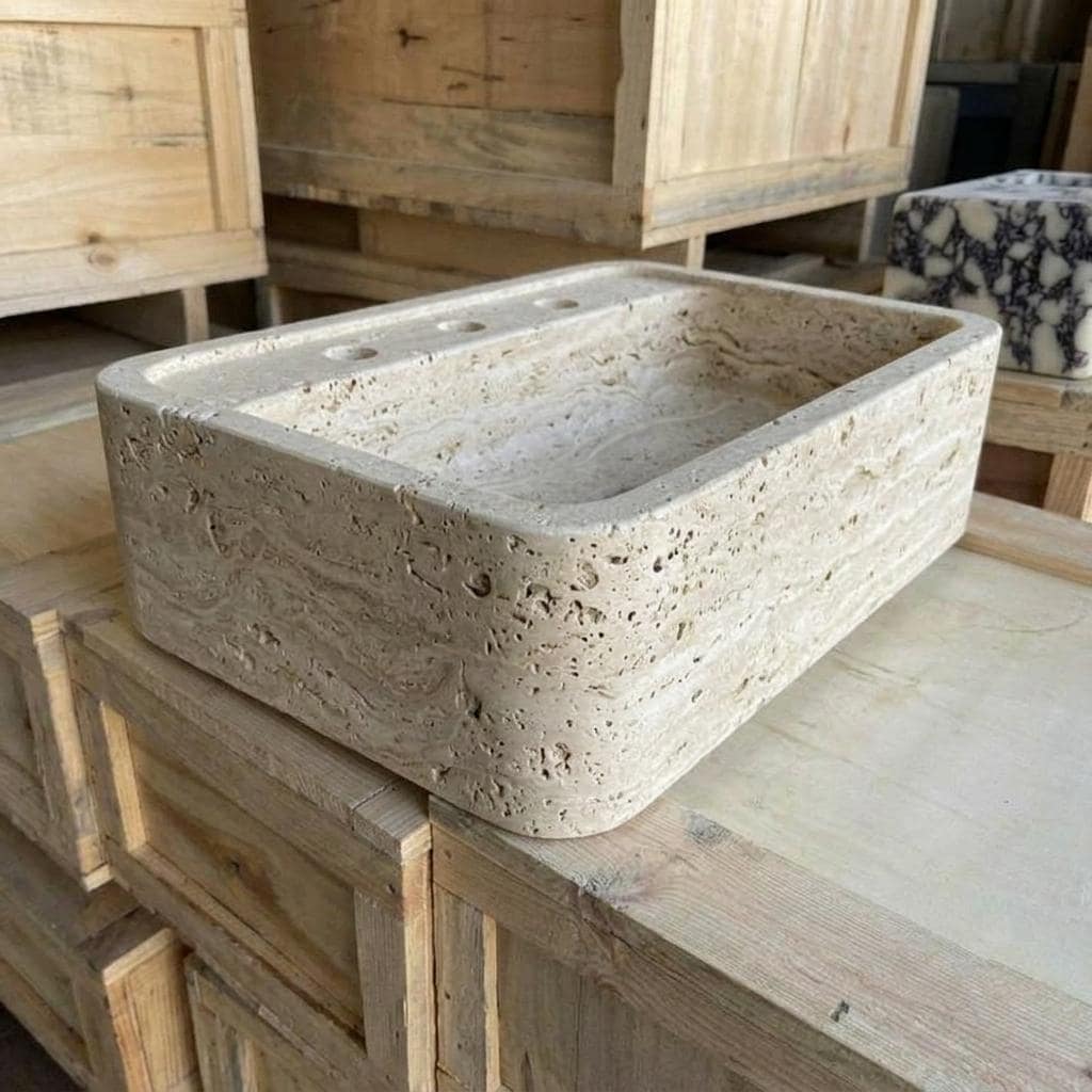 Beige Travertine square vessel sink — isometric three-quarter view (photo 7)