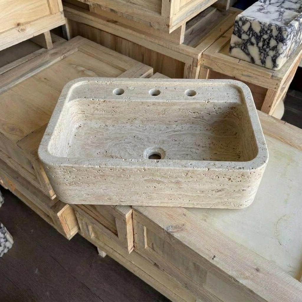Beige Travertine square vessel sink — front view (photo 8)