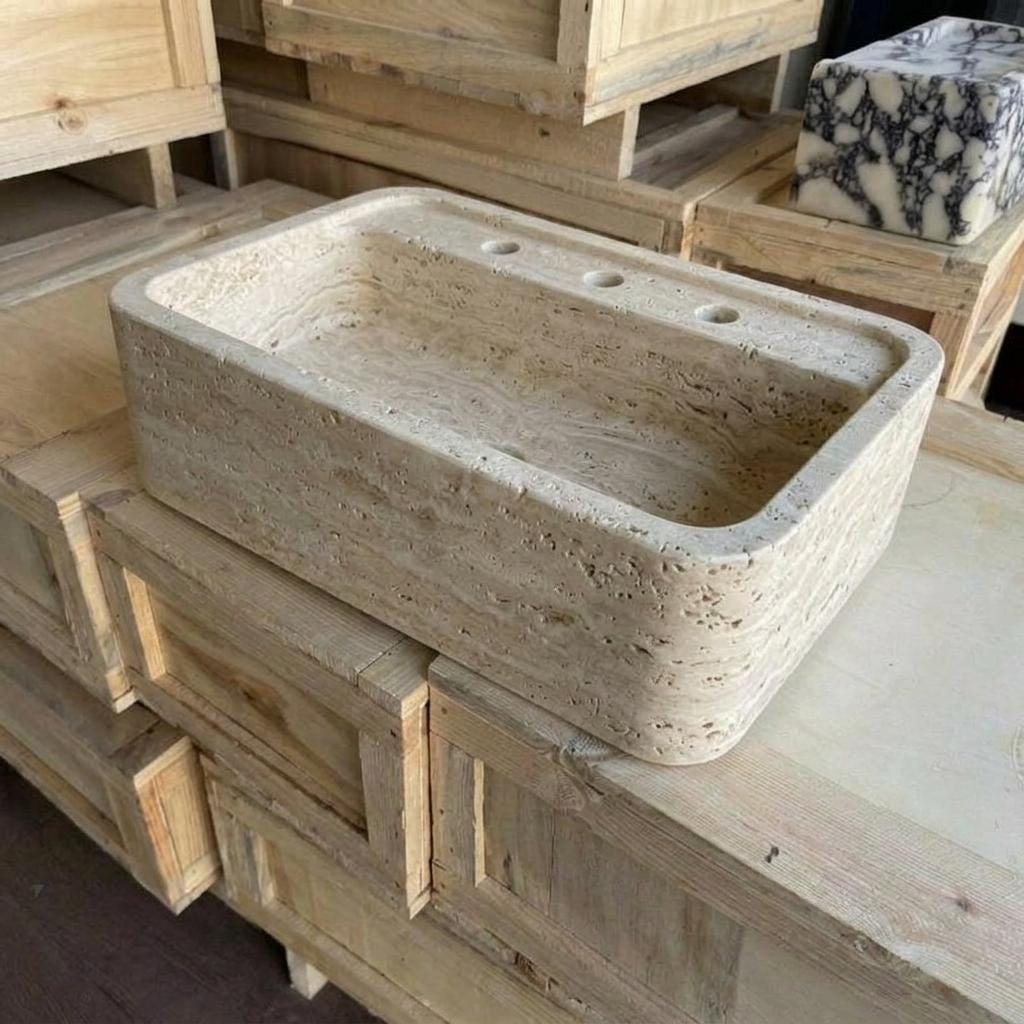 Beige Travertine square vessel sink — high-angle view (photo 9)