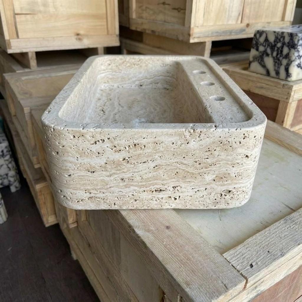 Beige Travertine square vessel sink — front view (photo 10)