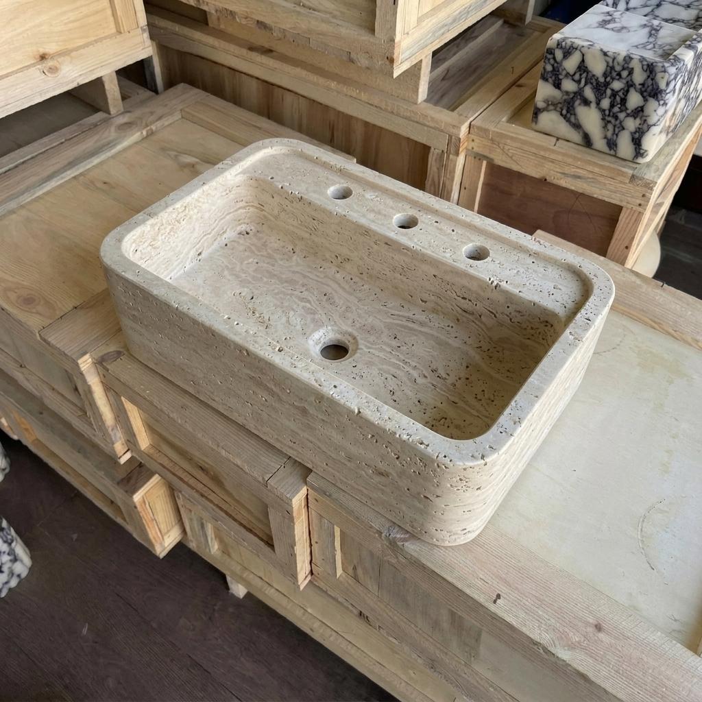 Beige Travertine square vessel sink — full wide shot (photo 13)