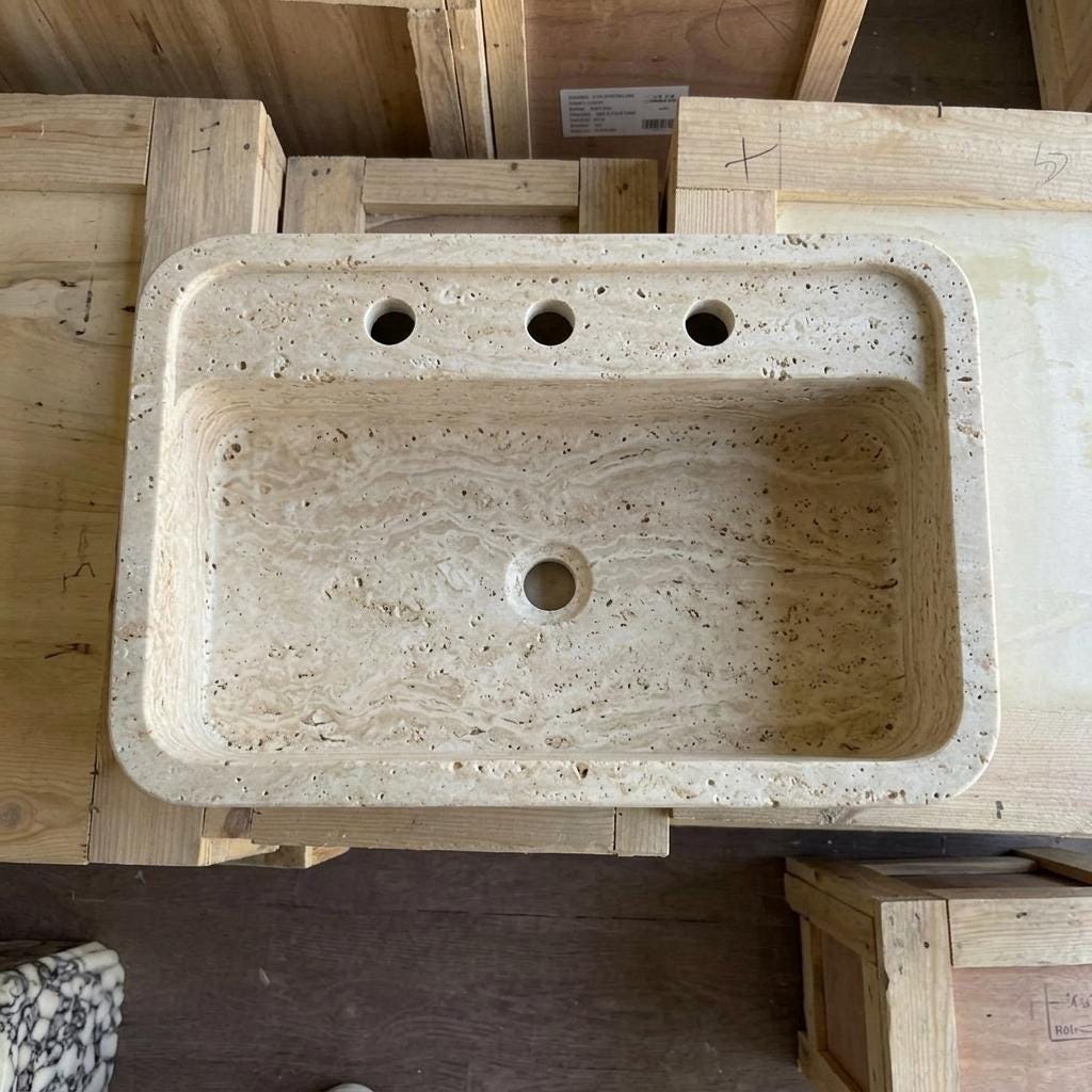 Beige Travertine square vessel sink — bird's eye view (photo 16)
