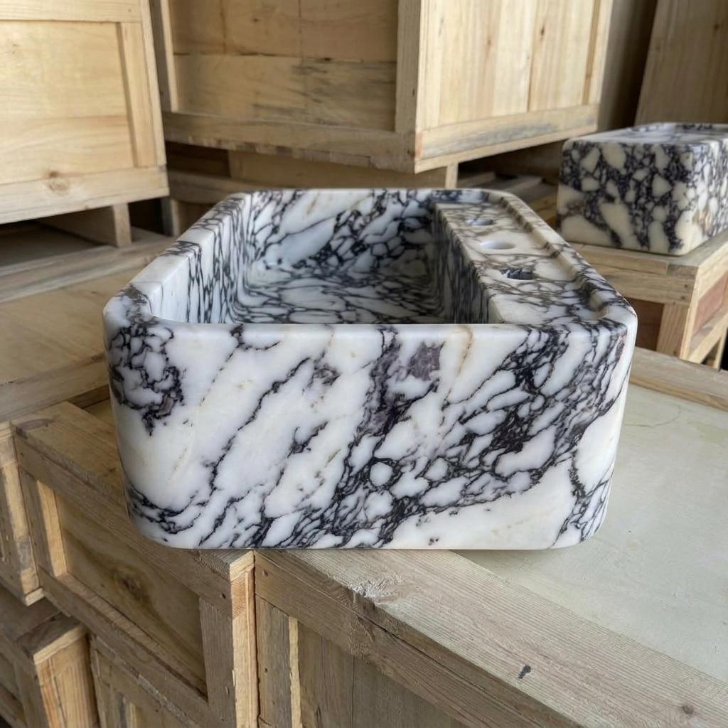 Calacatta Viola Marble square vessel sink — left side view (photo 2)