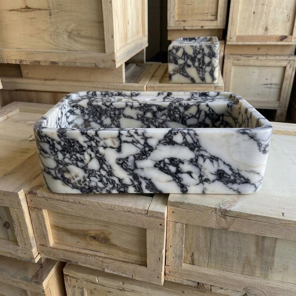 Calacatta Viola Marble square vessel sink — right side view (photo 3)