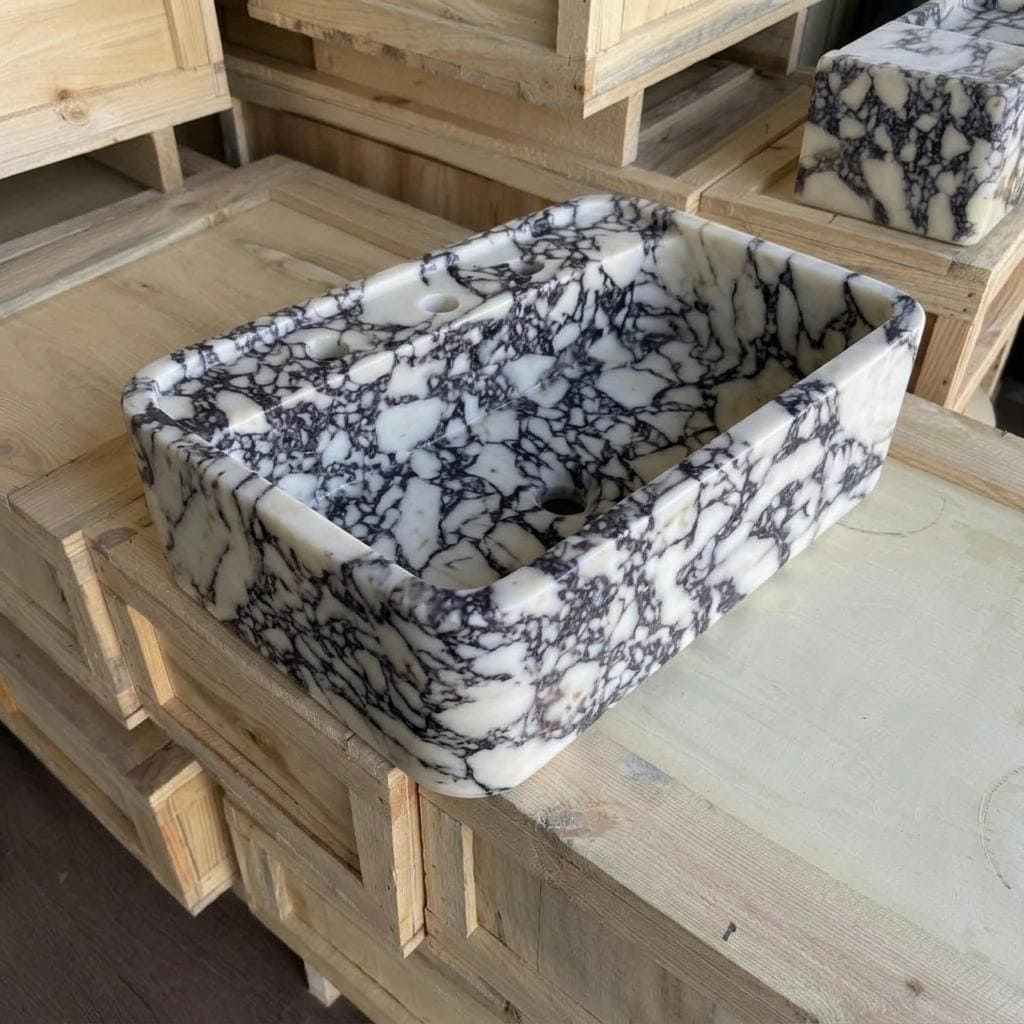 Calacatta Viola Marble square vessel sink — isometric three-quarter view (photo 6)